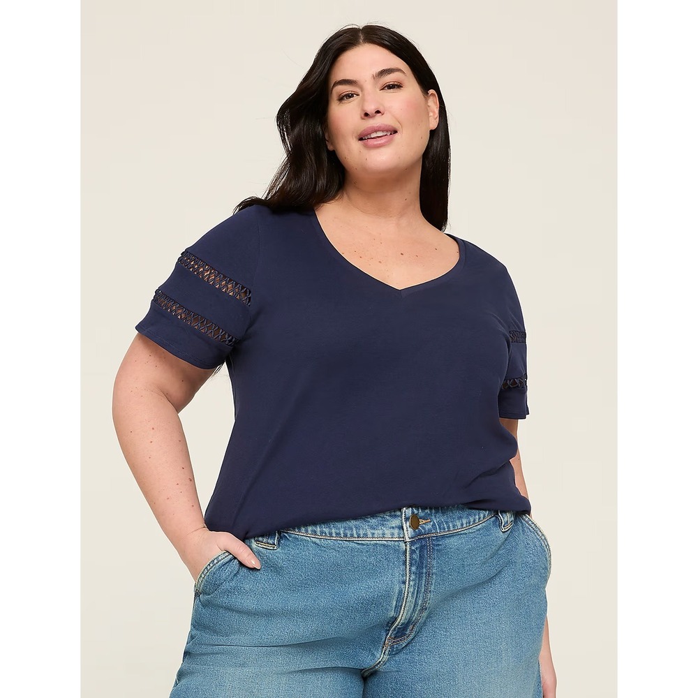 Lane Bryant Plus 18/20 Navy V-Neck Crochet Sleeve Top‎